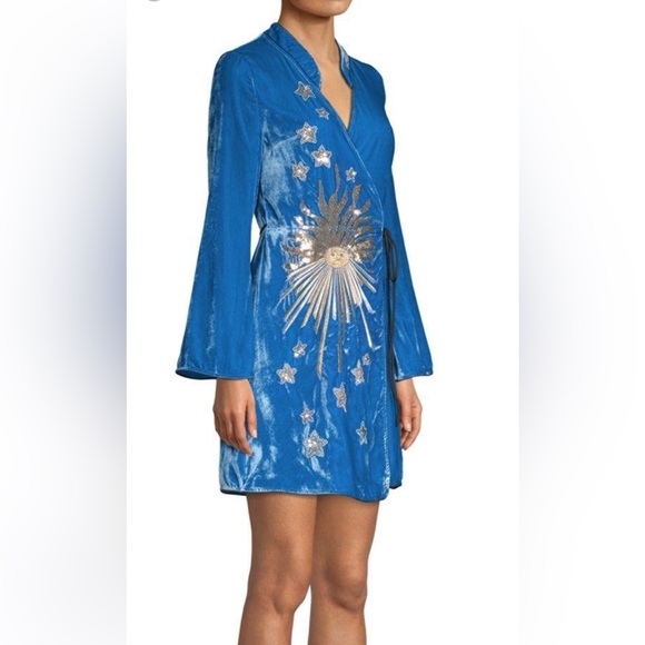 NWT RIXO London RARE Blue Iris silver gold sequin Embellished Velvet Wrap Dress - Picture 2 of 13